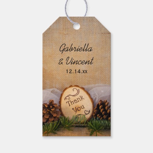 Rustikale Pines Woodland Hochzeit Danke Ihnen für Geschenkanhänger (Vorderseite)