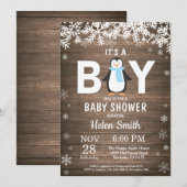 Rustikale Pinguin Winter Boy Baby Dusche Einladung (Vorne/Hinten)