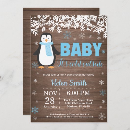 Rustikale Pinguin Winter Boy Baby Dusche Einladung (Vorne/Hinten)