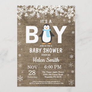 Rustikale Pinguin-Winter-Jungen-Baby-Shower-Einlad Einladung