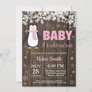 Rustikale Pinguin-Winter-Mädchen-Baby-Shower-Einla Einladung