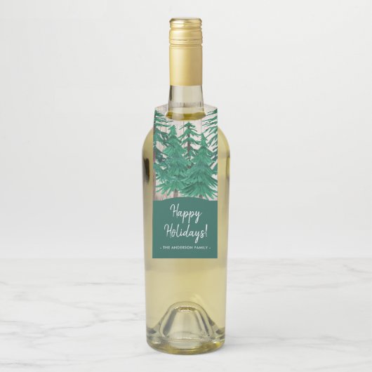 Rustikale Pinienbäume glückliche Ferien Flaschenanhänger (Auf Flasche)