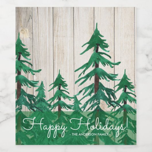 Rustikale Pinienbäume glücklicher Urlaub Weinetikett (Einzelnes Label)