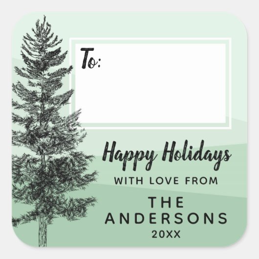 Rustikale Pinienbäume, grüne Geschenkmarke der Fam Quadratischer Aufkleber (Vorderseite)