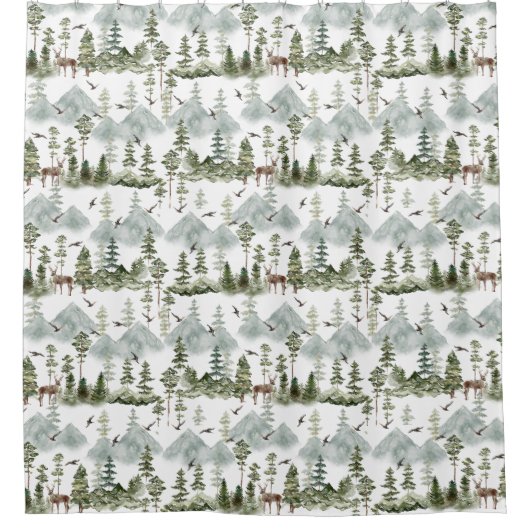 Rustikale Pinienbäume Hirschmuster Duschvorhang (Vorderseite)