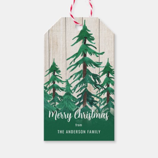 Rustikale Pinienbäume Weihnachten Geschenkanhänger (Vorderseite)
