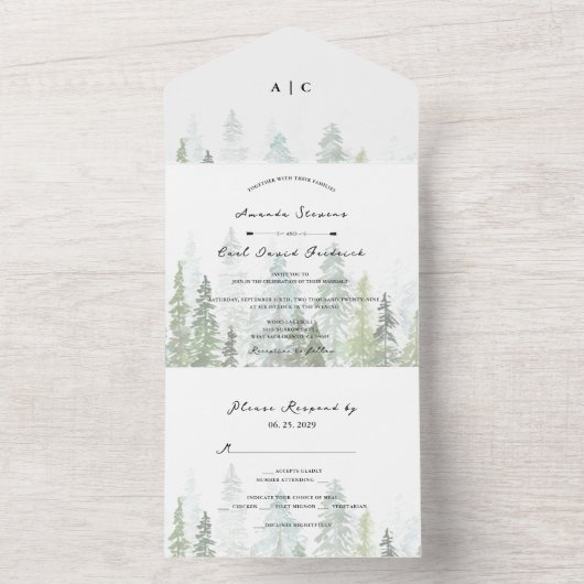 Rustikale Pinienwälder Hochzeit All In One Einladung (Innen Boden)