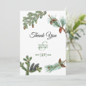 Rustikale Pinienwälder Hochzeit Dankeskarte (Stehend Vorderseite)