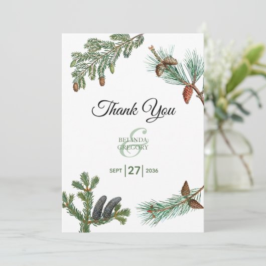 Rustikale Pinienwälder Hochzeit Dankeskarte (Stehend Vorderseite)