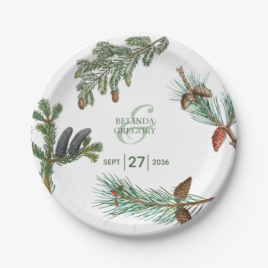Rustikale Pinienwälder Hochzeit Pappteller (Vorderseite)