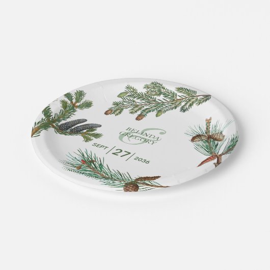 Rustikale Pinienwälder Hochzeit Pappteller (Schrägansicht)