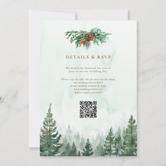 Rustikale Pinienwälder QR Code Hochzeit Einladung (Rückseite)