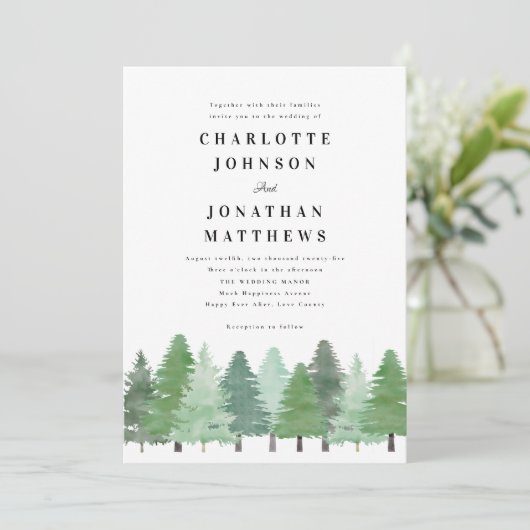 Rustikale Pinienwaldhochzeit Einladung (Stehend Vorderseite)
