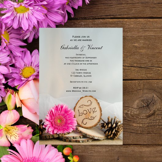 Rustikale Pink Daisy Woodland Wedding Einladung