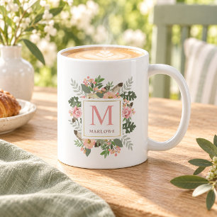 Rustikale Pink Gold Blumen Boho Monogramm Kaffeetasse