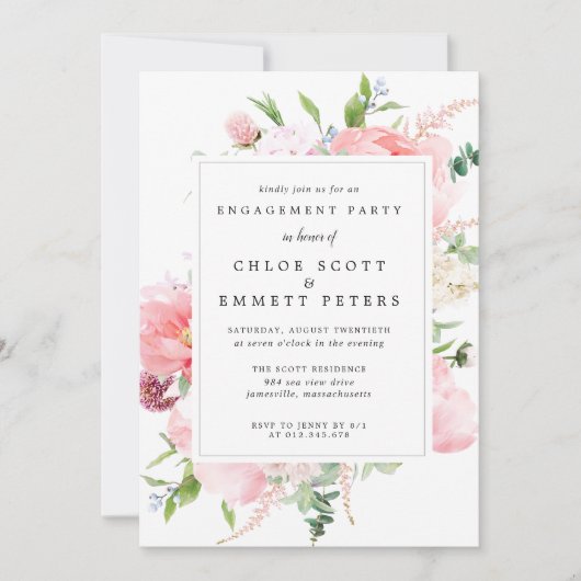 Rustikale Pink Peony Floral Engagement Party Einladung (Vorderseite)