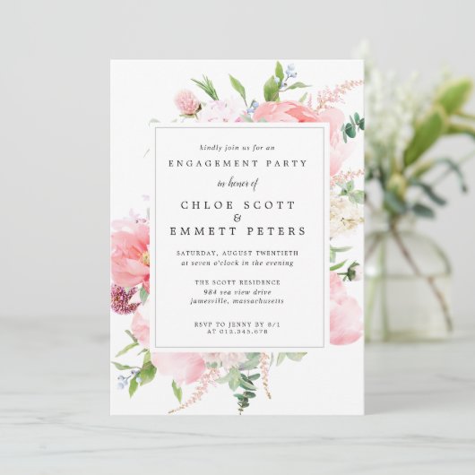 Rustikale Pink Peony Floral Engagement Party Einladung (Stehend Vorderseite)