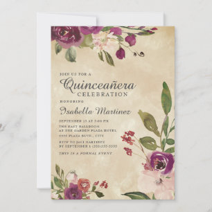 Rustikale Pink Purpur Wasserfarbe Floral Quinceañe Einladung