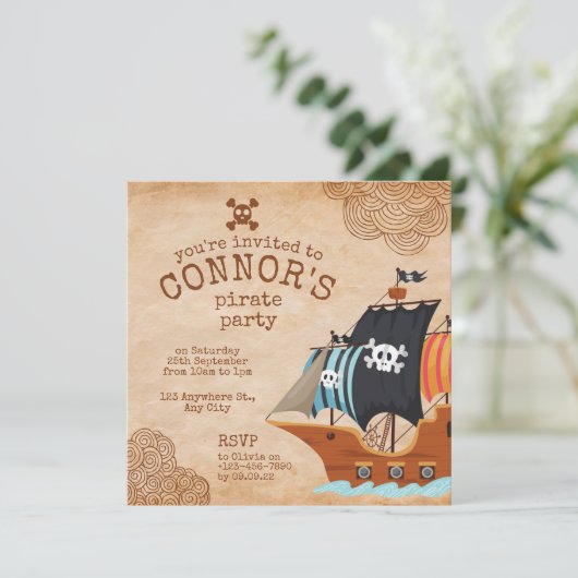 Rustikale Piratenpartei mit Vintagem Schiff Einladung (Stehend Vorderseite)