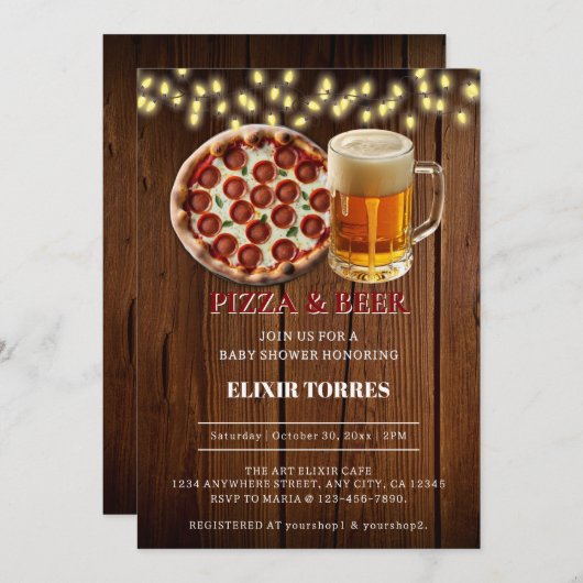 Rustikale Pizza & Beer Baby Dusche Einladung (Vorne/Hinten)