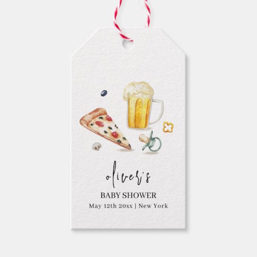 Rustikale Pizza Beers Schnuller Babydusche Geschenkanhänger (Vorderseite)