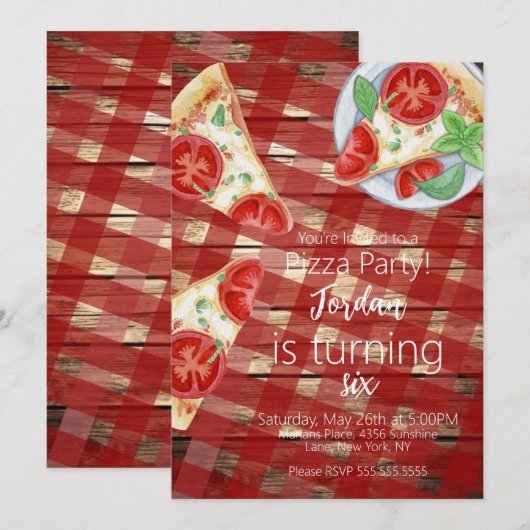 Rustikale Pizzastücke Geburtstagsfeier Skript Einladung (Vorne/Hinten)