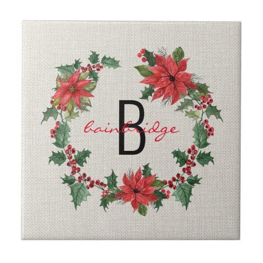 Rustikale Poinsettia & Holly Wreath Mit Monogramm Fliese (Vorderseite)
