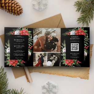 Rustikale Poinsettie QR-Code Weihnachten Schwarz H Dreifach Gefaltete Einladung