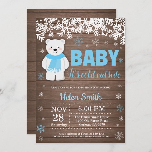 Rustikale Polar Bear Winter Boy Baby Dusche Einladung (Vorne/Hinten)