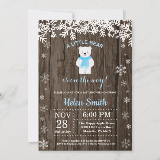 Rustikale Polar Bear Winter Boy Babydusche Einladung (Vorderseite)