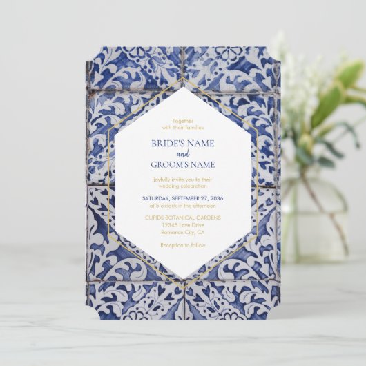 Rustikale Portugiesisch Tiles Wedding Einladung (Stehend Vorderseite)