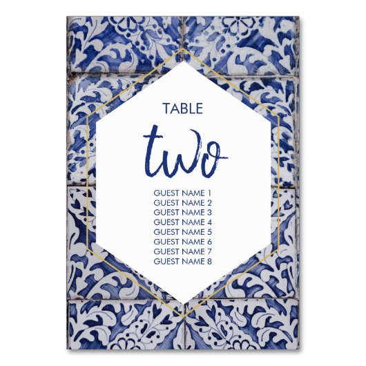 Rustikale portugiesische Tiles Wedding Guest Names Tischnummer (Vorderseite)