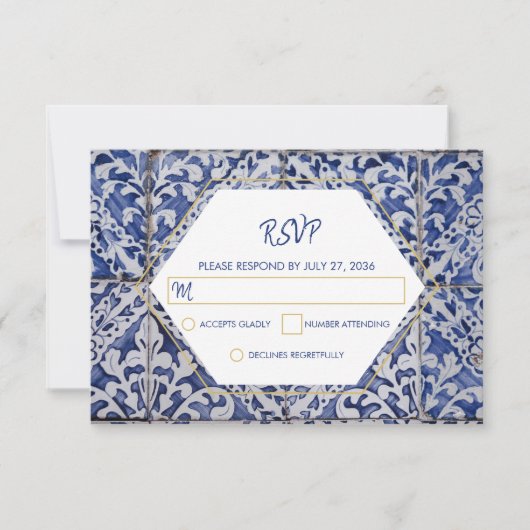 Rustikale portugiesische Tiles Wedding RSVP Cards (Vorderseite)