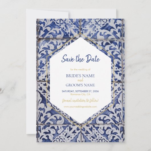 Rustikale portugiesische Tiles Wedding Save The Date (Vorderseite)
