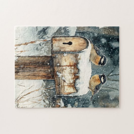 Rustikale Postbox mit Chickadevögeln Puzzle (Horizontal)