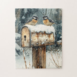 Rustikale Postbox mit Chickadevögeln Puzzle