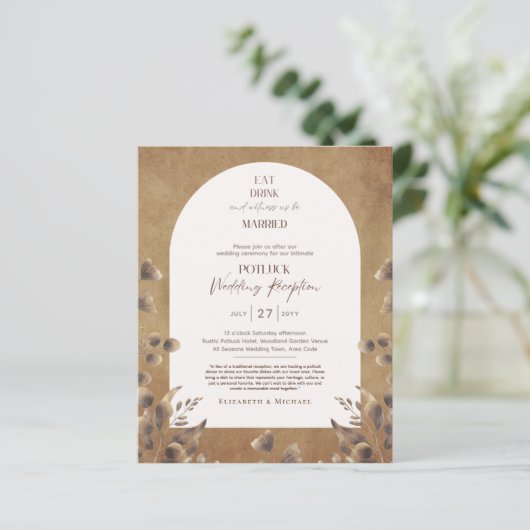 Rustikale POTLUCK-Hochzeitsempfehlung einladen (Stehend Vorderseite)