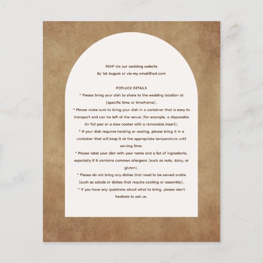 Rustikale POTLUCK-Hochzeitsempfehlung einladen (Rückseite)