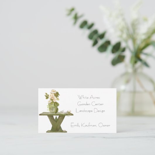 Rustikale Potting Bench und Rose für Gärtner Visitenkarte (Stehend Vorderseite)