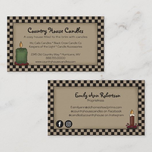 Rustikale, primitive Candle Checked Business Card Visitenkarte (Vorne/Hinten)