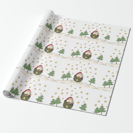 Rustikale Primitive Country Santa and Stars Weihna Geschenkpapier (Ungerollt)