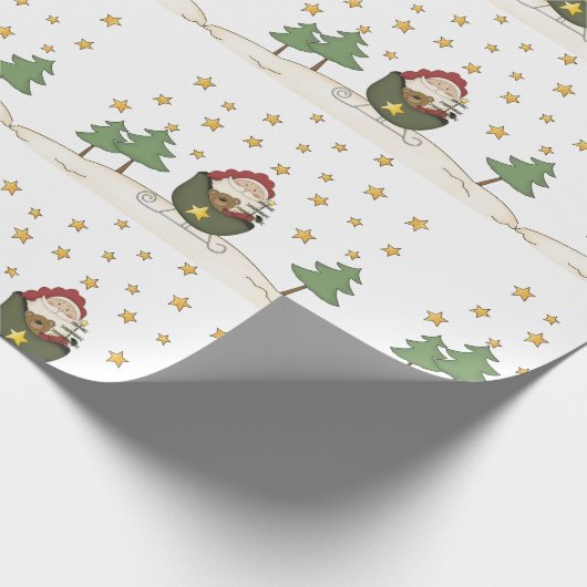 Rustikale Primitive Country Santa and Stars Weihna Geschenkpapier (Ecke)