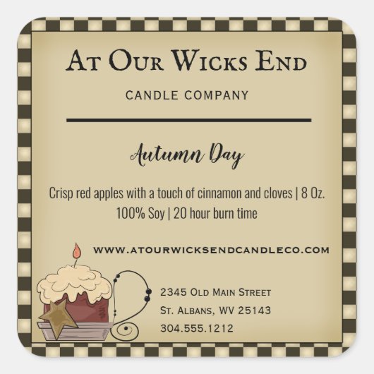 Rustikale, primitive Ländermarken für Kerzen Quadratischer Aufkleber (Vorderseite)