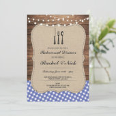 Rustikale Probe Abendessen Cutlery Blue Karo Einla Einladung (Stehend Vorderseite)