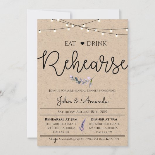 Rustikale Probe Abendessen Einladung (Vorderseite)