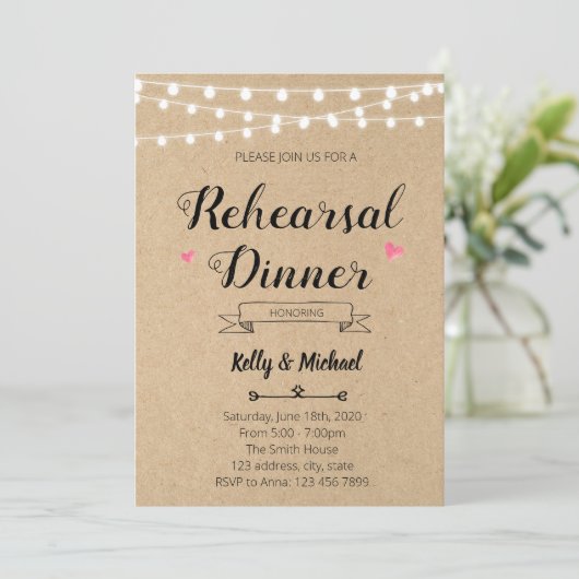 Rustikale Probe Abendessen Party Einladung (Stehend Vorderseite)