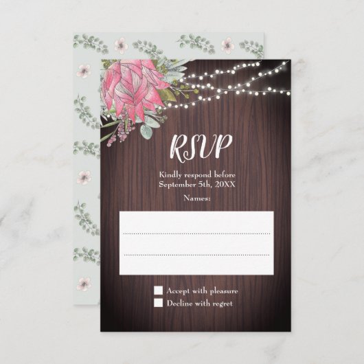 Rustikale Protea Eukalyptus Lights Wood Wedding RSVP Karte (Vorne/Hinten)