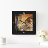 Rustikale Pump-, Nadel- und Cartwheel-Szene Quadratische Wanduhr (Zuhause)