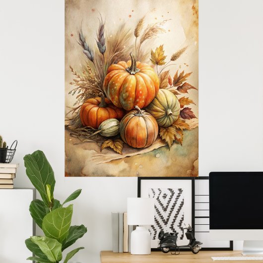 Rustikale Pumpkin & Autumn Leaves Boho Fall Mauer Poster (Heimbüro)