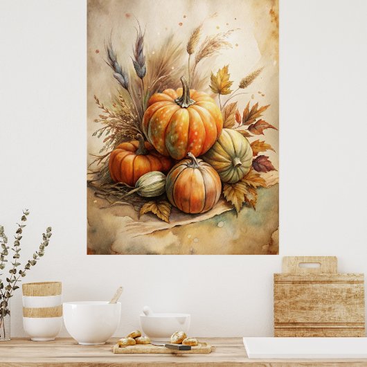 Rustikale Pumpkin & Autumn Leaves Boho Fall Mauer Poster (Küche)